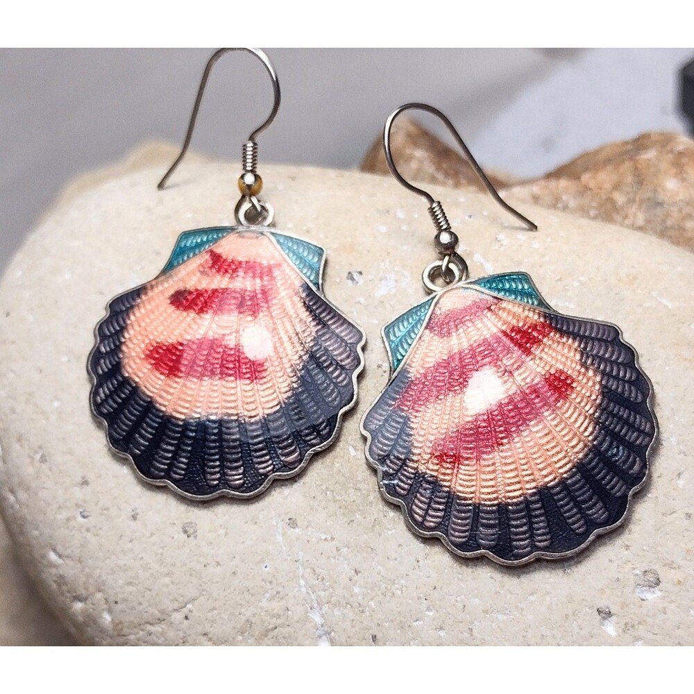 Vintage Seashell Cloisonne Enamel Dangle Earrings